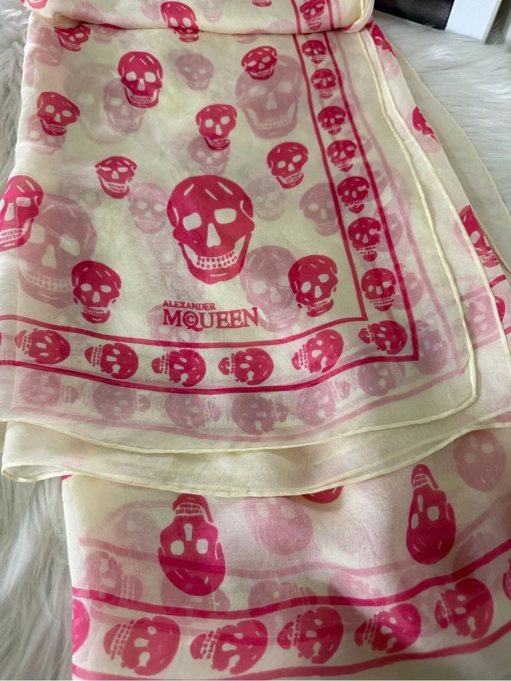 Alexander McQueen Sheer Pink Skull Print Wrap Silk Scarf.